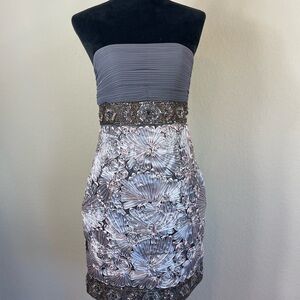 Sue Wong Beaded Floral Strapless Mini Dress Silver Size 6